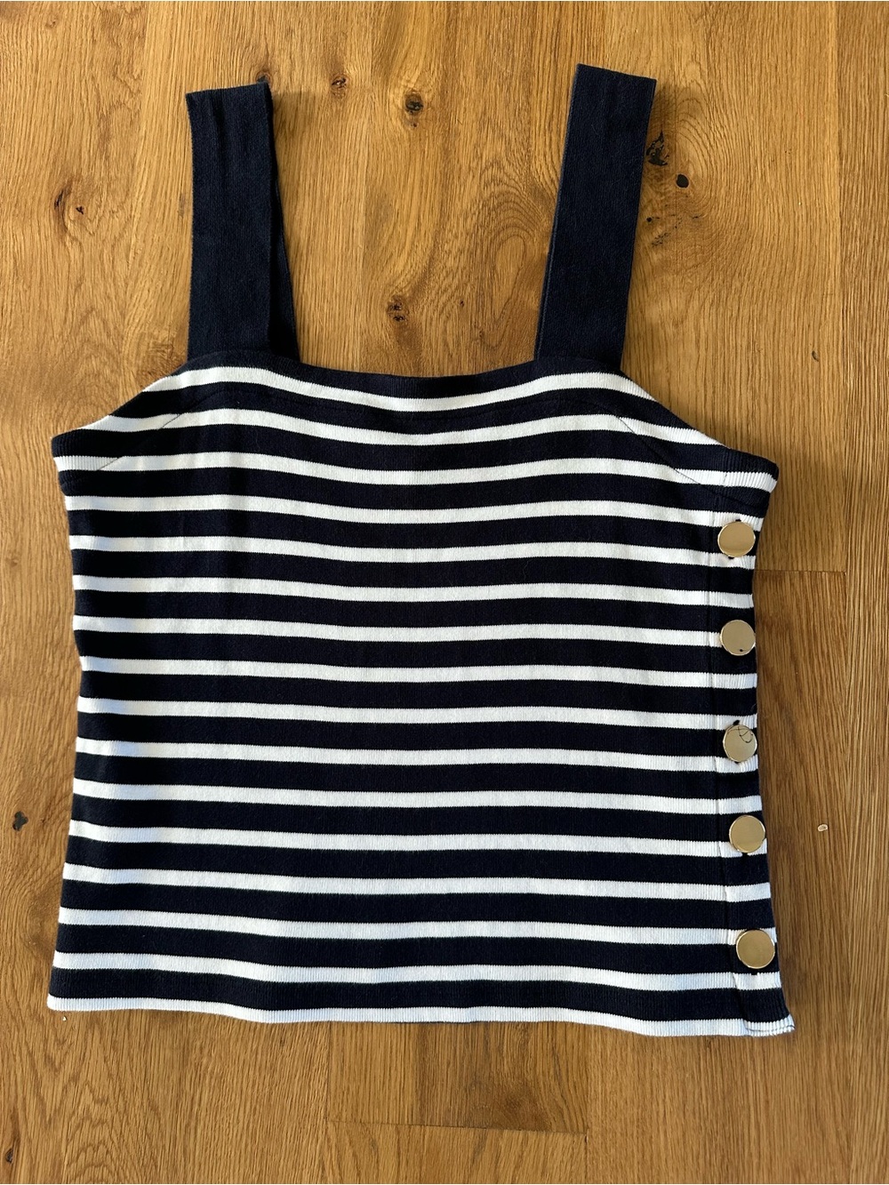 Ann Taylor Navy and White Striped Square-Neck Tank with Side Buttons
